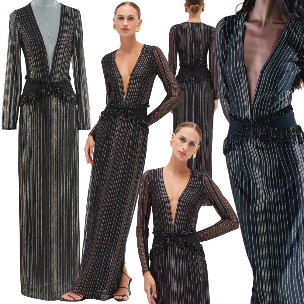 🆕 PATBO 🧿 NWOT Prism Lurex Metallic Thread Beaded Gown, Sz BR 38 US 6